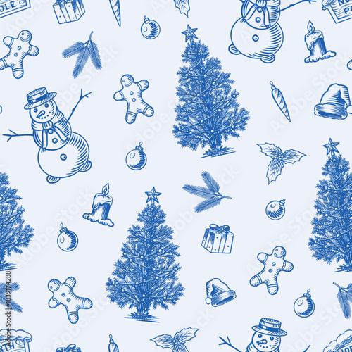 Chrismas, new year and winter patter in blue colour with hand drawn sketchy elements. Snowman, ginger house, bread and tree. Collection of elements in old vintage engraving style. 
