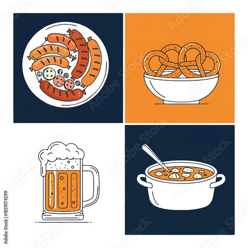 Stylized vector illustrations of popular comfort food and drink items, including grilled sausages, classic pretzels, a frothy beer mug, and a hearty stew