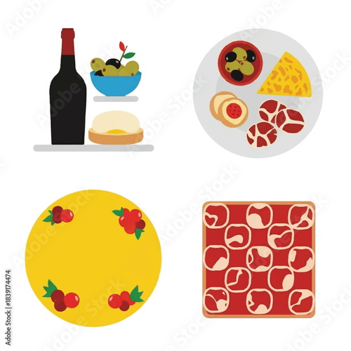 A vibrant collection of delicious food and drink items, including a bottle of wine, cheese, olives, and a pizza, presented in a flat design style