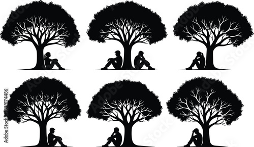 Tree silhouette with seated figure, nature reflection, peaceful moment, black illustration, solitude under canopy, outdoor design, emotional landscape, quiet scene