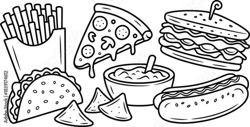 Hand-Drawn Fast Food Snacks Illustration.