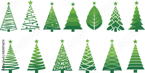 Vector illustration of twelve Christmas tree designs—holiday decor reference for winter, celebration, festive art, seasonal style, and graphic inspiration
