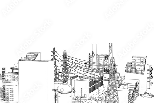 A stark post-apocalyptic city contour drawing features tall buildings, towers, and tangled wires against a plain white background.