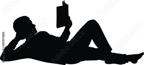 Relaxed reading silhouette, leisure posture icon, black illustration, personal time gesture, ground pose concept, study moment profile, casual activity symbol