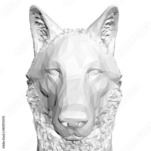 Polygonal wolf head composed of geometric shapes in various colors, forming a striking and unique low poly design on a clean white background. Front view