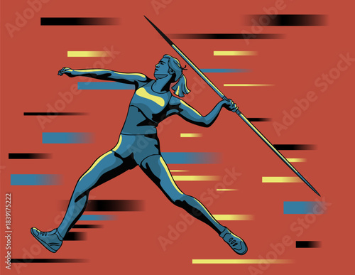 A female javelin thrower is mid-jump, ready to throw. Vector illustration. Suitable for a banner, poster, and postcard.