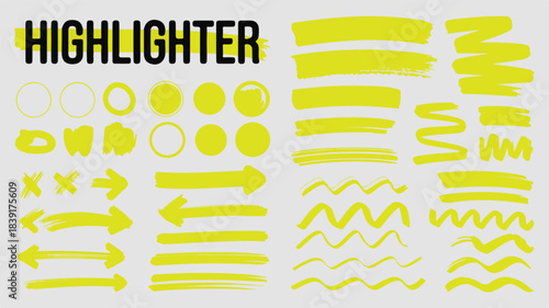 Yellow Highlighter Brush Strokes and Shapes Keywords: highlighter, yellow, brush stroke, marker
