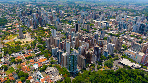 Aerial View of Maringa, Cathedral and downtown. Several buildings. Paraná, Brazil.