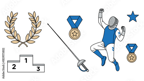Fencing victory celebration with medal, laurel, and podium symbols