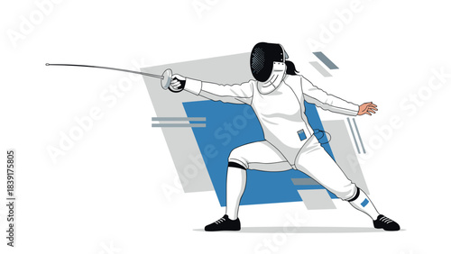 Fencer in dynamic action pose with modern graphic elements
