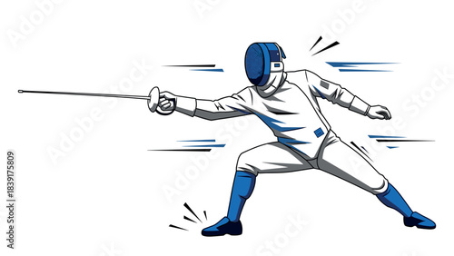 Dynamic fencing athlete in action pose with blue and white gear