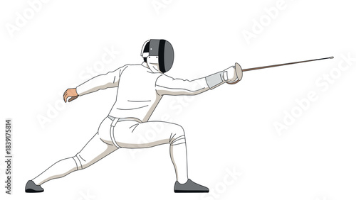 Dynamic fencer in action pose with protective gear and epee on white background