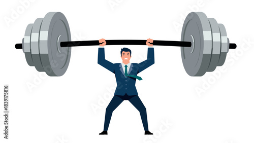 Businessman lifting heavy barbell in flat cartoon style