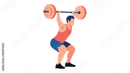 Flat style weightlifting man lifting heavy barbell in athletic pose