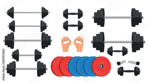 Dumbbells and barbells set with weight plates and accessories for gym training