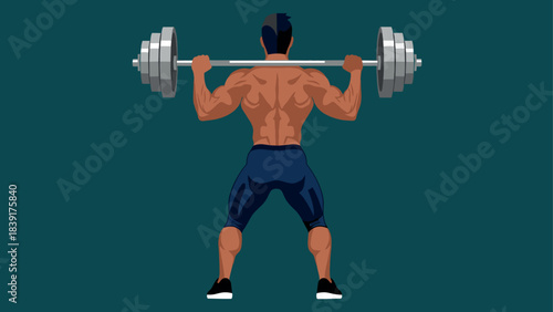 Back view of bodybuilder lifting barbell in gym art illustration