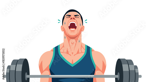 Intense weightlifting workout: man straining to lift heavy barbell with determination
