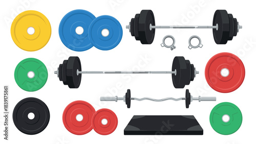 Colorful gym equipment set with barbell, weight plates, and dumbbells in flat design