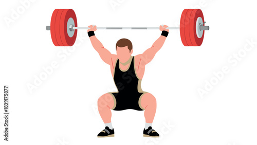Champion weightlifter performing overhead squat with barbells