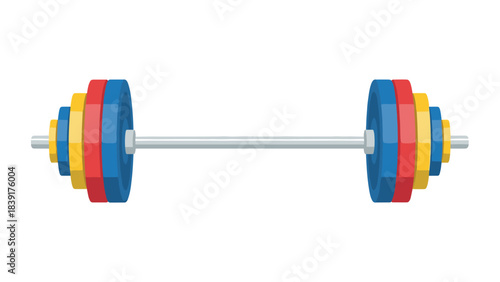 Colorful barbell icon with blue, yellow, red plates on white background