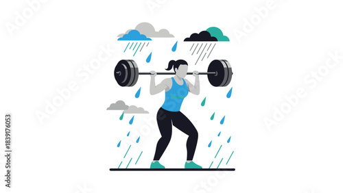 Woman weightlifting in rain with clouds and raindrops for fitness motivation