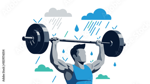Motivational fitness: weightlifting in rain with determination and strength