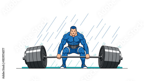 Colorful cartoon of a strong athlete lifting weights in the rain