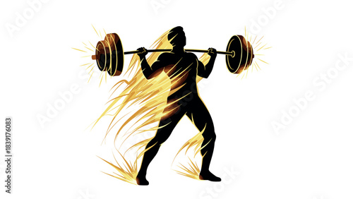 Dynamic silhouette of a weightlifter with golden energy burst