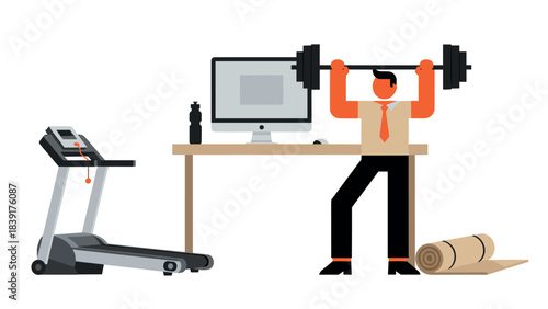 Office worker balances fitness and work with desk exercises and treadmill