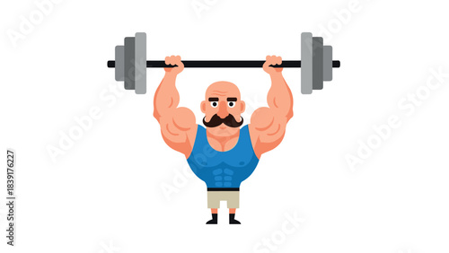 Cartoon strongman lifting weights with a mustache in flat style