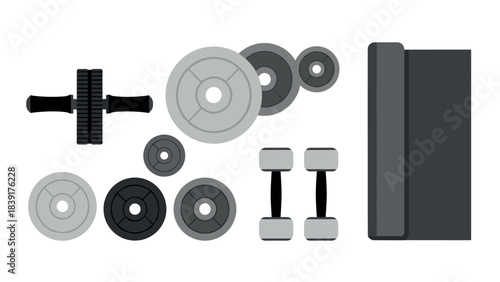 Flat fitness gear collection with dumbbells and exercise mat on white background