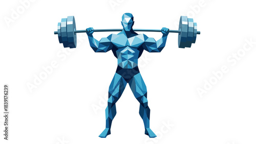 Geometric polygonal weightlifter lifting heavy barbell in low poly art style