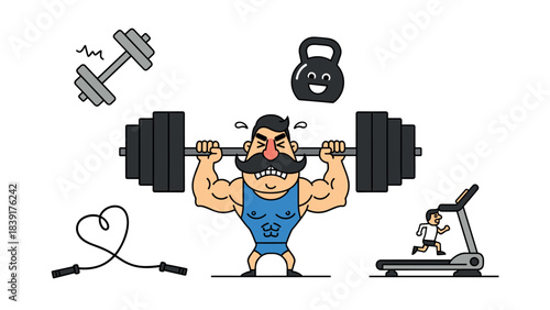 Cartoon fitness enthusiast lifting weights with gym equipment