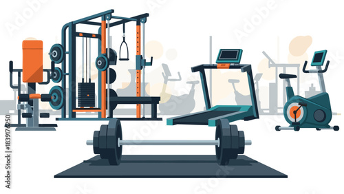 Modern gym equipment set with weightlifting, treadmill, and cycle on white background