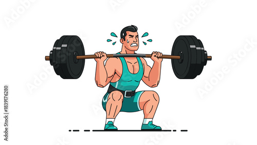 Man weightlifting with heavy barbell in dynamic cartoon style