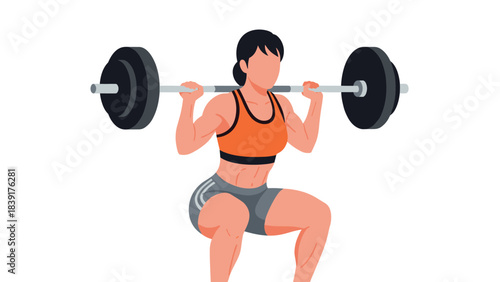 Woman lifting barbell in gym: fitness, strength, flat design workout scene