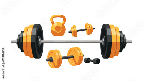 Colorful gym equipment set with dumbbells, barbell, and kettlebell on white background