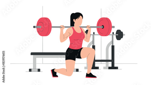 Woman lifting barbell in modern gym - simple flat style art