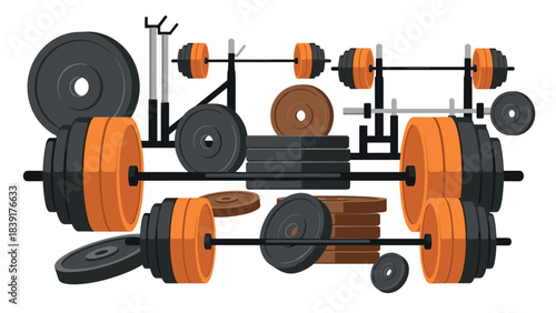 Flat style barbell and weight plates illustration for fitness and gym design