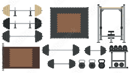 Gym equipment set with dumbbells and squat rack in minimalist style
