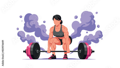 Strong female athlete lifting weights with dynamic smoke effects in a modern flat style
