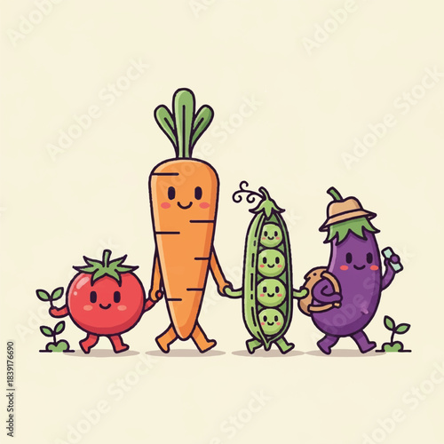Happy cartoon vegetables (tomato, carrot, peas, eggplant) walking together, symbolizing healthy eating, fresh produce, and a wholesome lifestyle