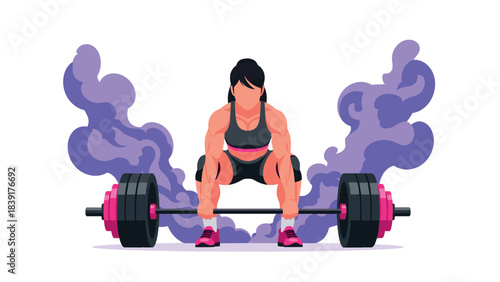 Powerful female athlete lifting weights with dynamic purple smoke background