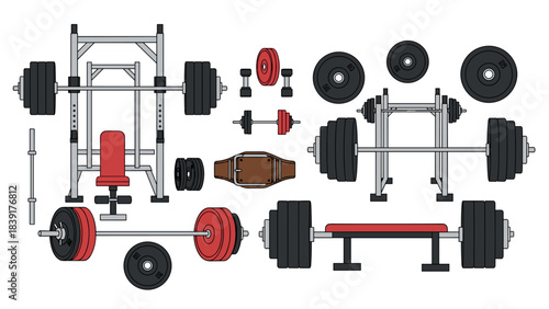 Gym equipment collection for strength training and fitness workouts