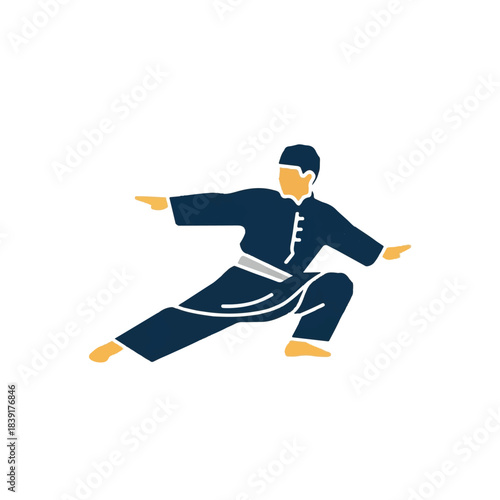Martial artist in traditional uniform performing a dynamic fighting stance, showcasing discipline and strength in a stylized illustration