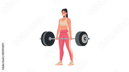 Woman performing deadlift in gym with barbell and weights