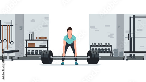 Woman lifting barbell in modern gym setting with fitness equipment