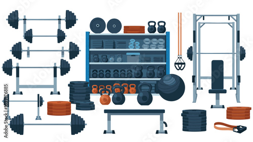 Comprehensive gym equipment collection: barbells, dumbbells, kettlebells, and more in flat design style