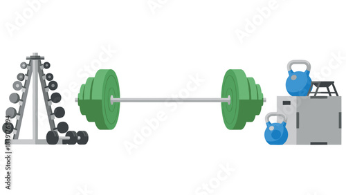 Gym equipment set with dumbbells, barbells, and kettlebells in flat design