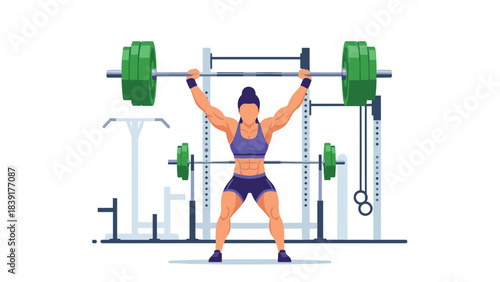 Female weightlifter lifting barbell in modern gym setting